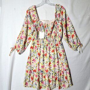 Lauren Conrad Midi Dress Womens Sz M Smocked Bodice 3/4 Tie Sleeves Floral NWT